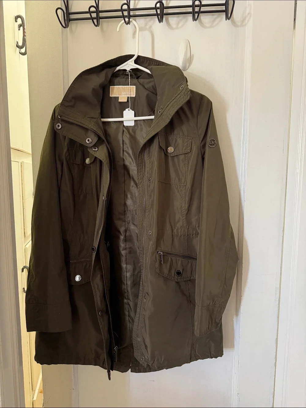 Michael Kors Olive Green Utility Rain Jacket with Hood